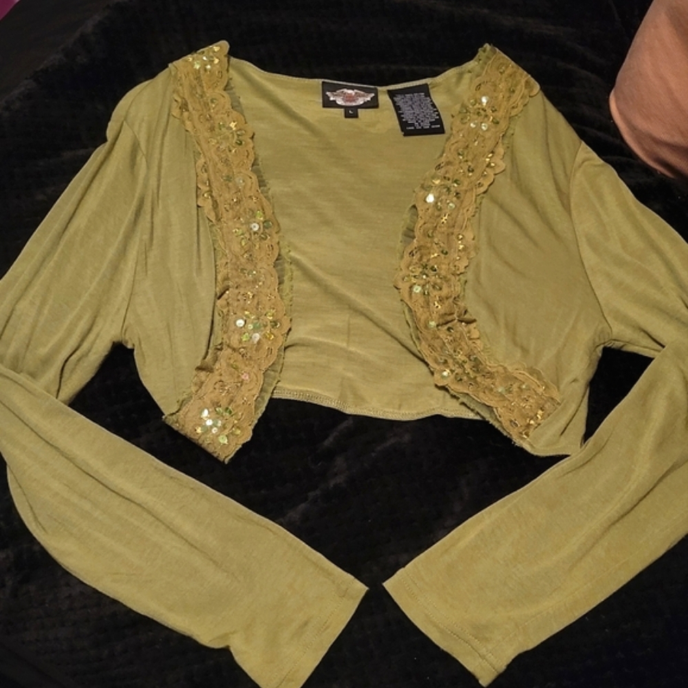 Vtg Y2K Harley Davidson olive green sequins lace long sleeve bolero shrug L NWT - Picture 11 of 16